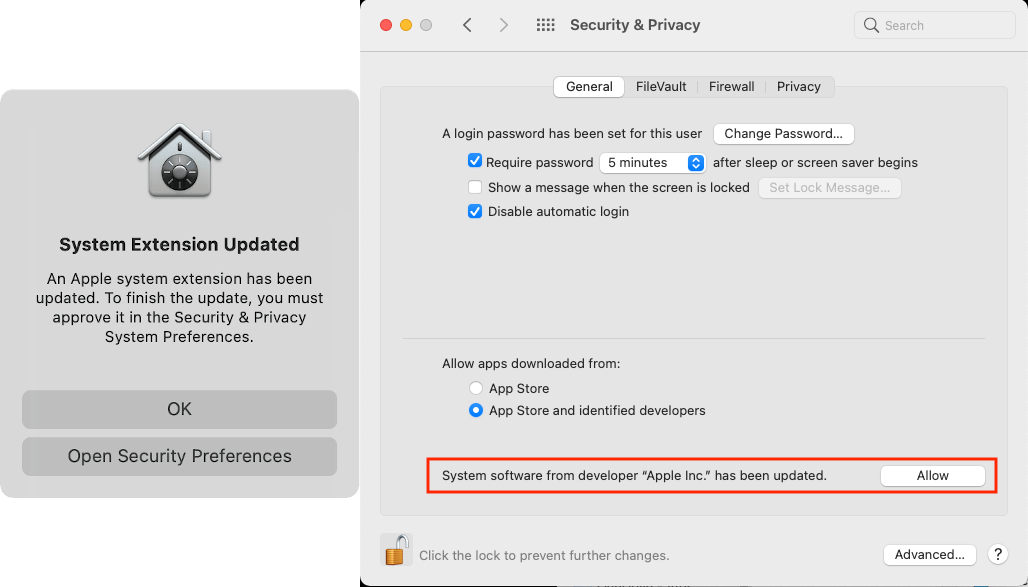 System Extension Updated dialogue box and System Settings for Security and Privacy